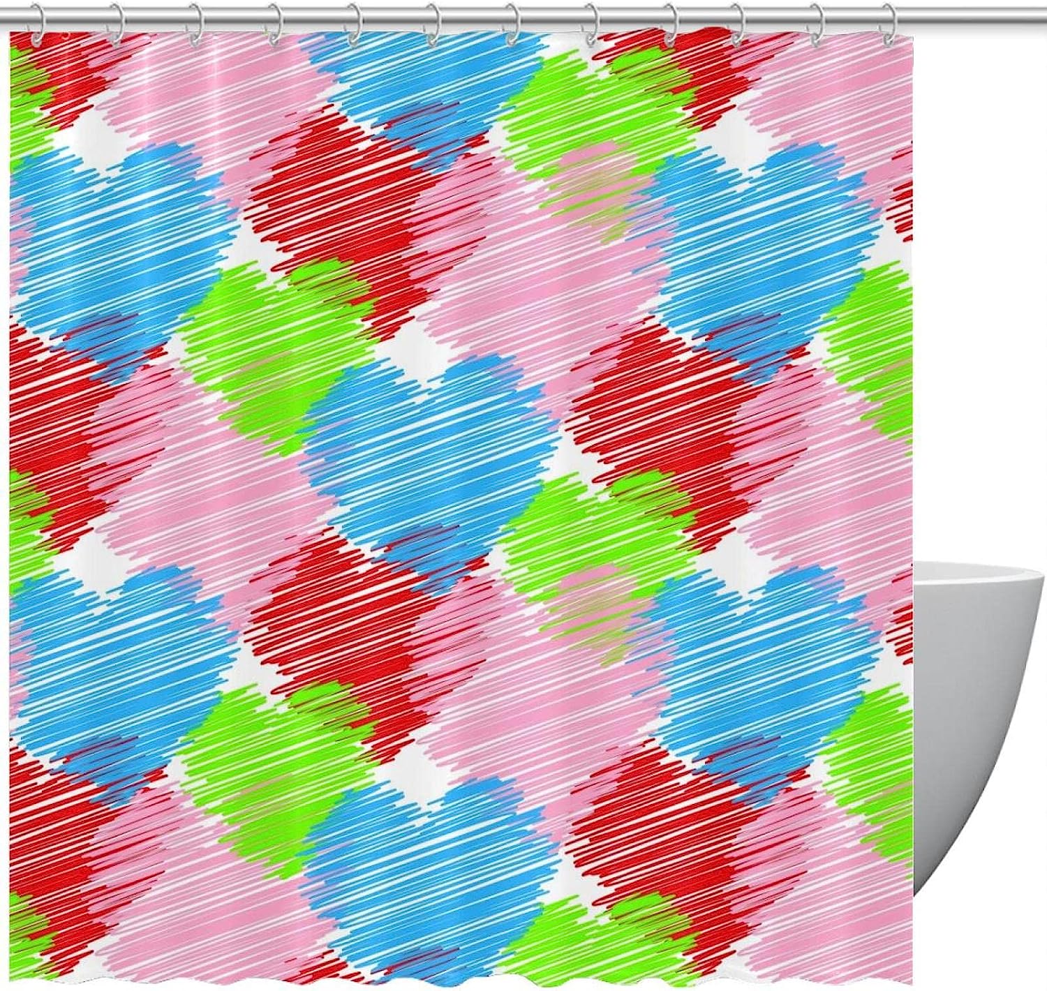 Love Heart Pink Red Blue Green Striped Shower Curtain, Sweet Bathroom Decor