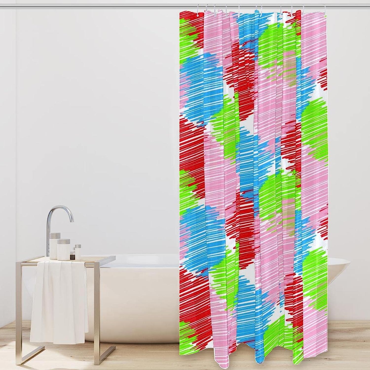 Love Heart Pink Red Blue Green Striped Shower Curtain, Sweet Bathroom Decor