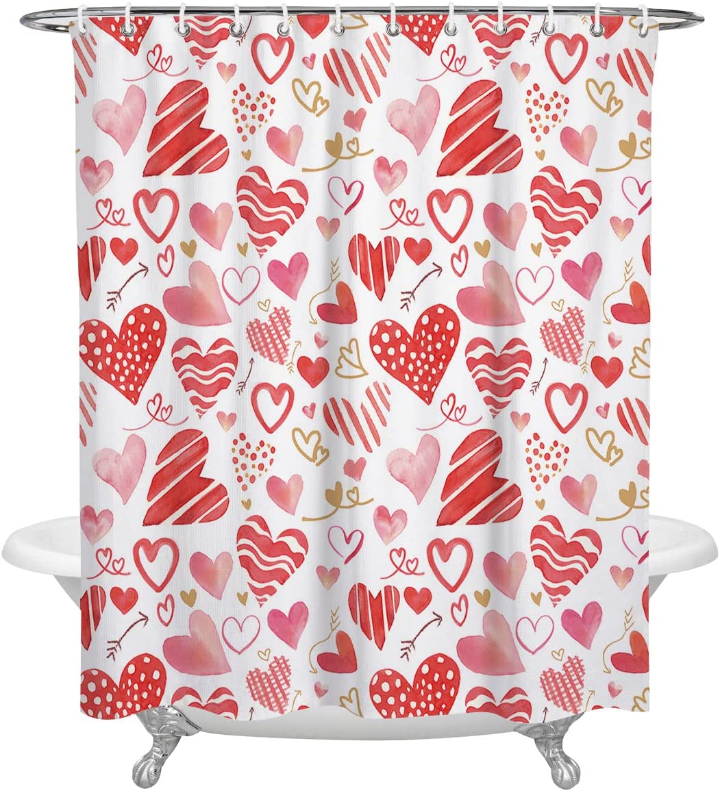 Love Heart Pink Red Vintage Shower Curtain With Microfiber Accents, Machine Washable
