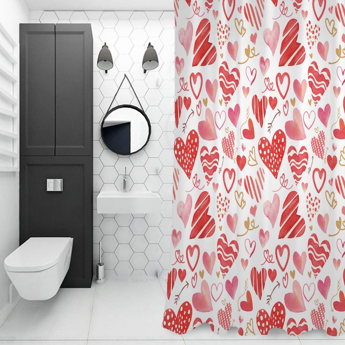 Love Heart Pink Red Vintage Shower Curtain With Microfiber Accents, Machine Washable - Image 3