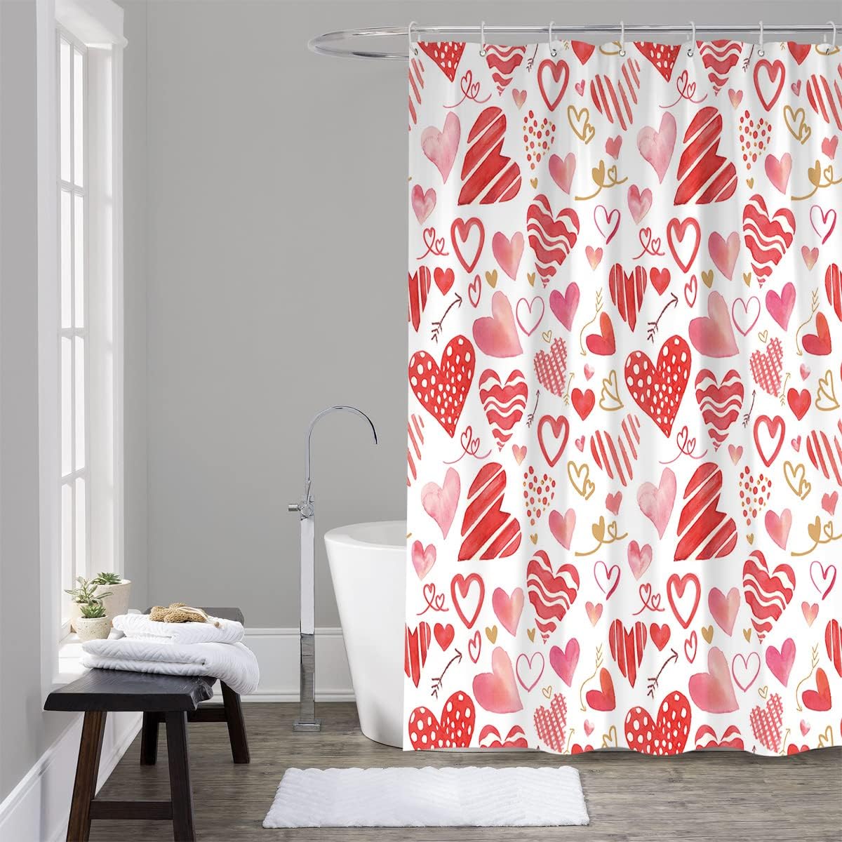 Love Heart Pink Red Vintage Shower Curtain With Microfiber Accents, Machine Washable - Image 4