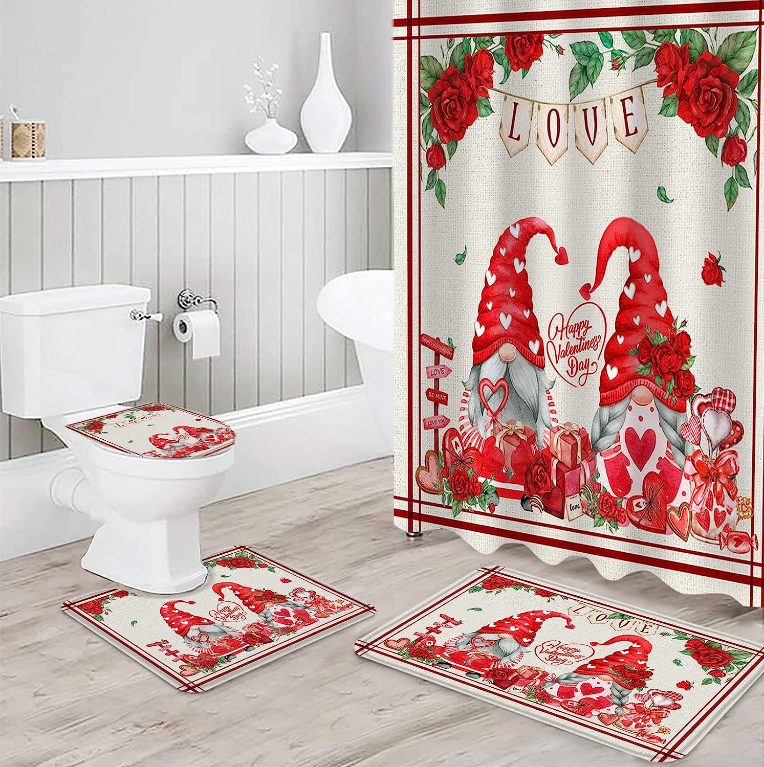 Love Heart Roses Shower Curtain | Rustic Burlap Gnomes Valentine's Day Bathroom Decor