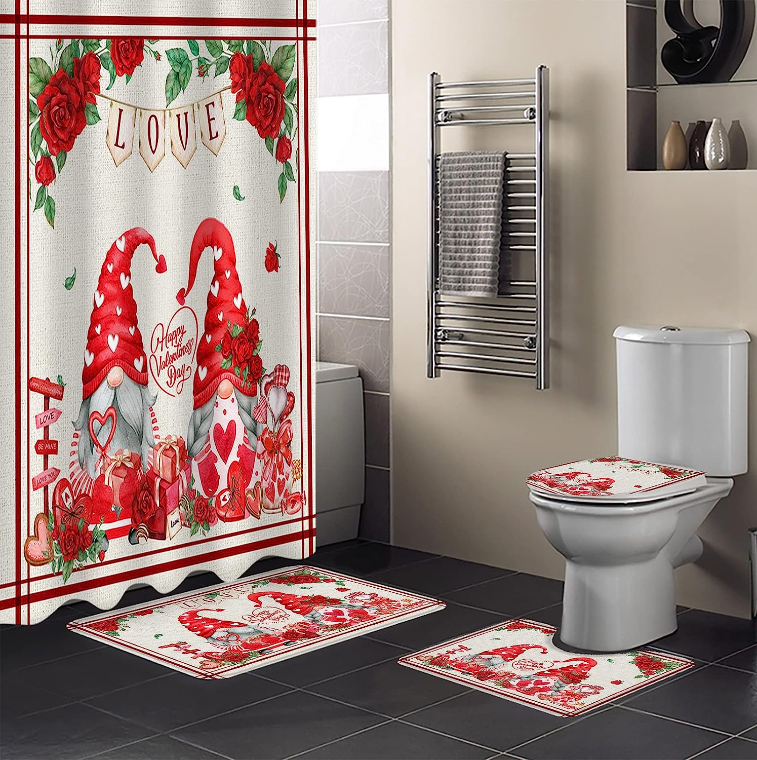Love Heart Roses Shower Curtain | Rustic Burlap Gnomes Valentine's Day Bathroom Decor