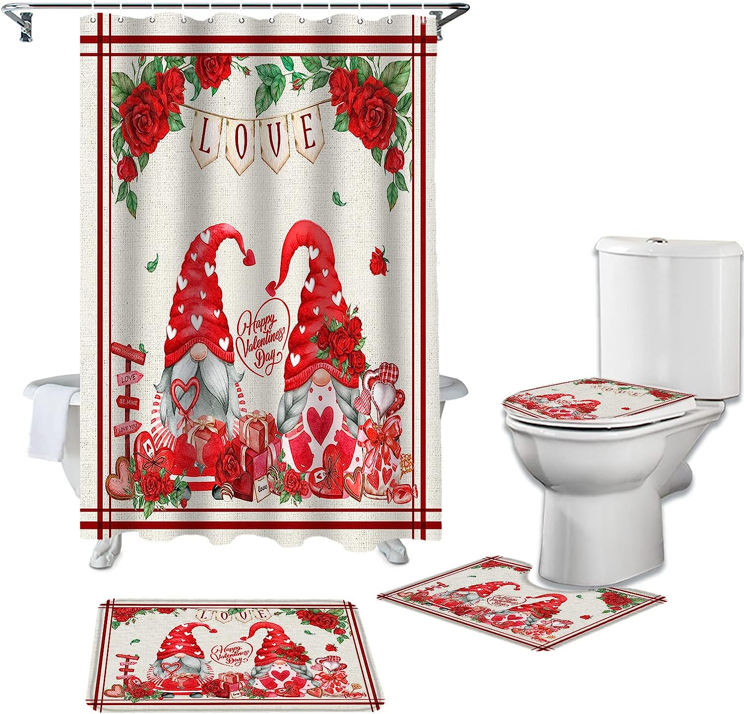Love Heart Roses Shower Curtain | Rustic Burlap Gnomes Valentine's Day Bathroom Decor