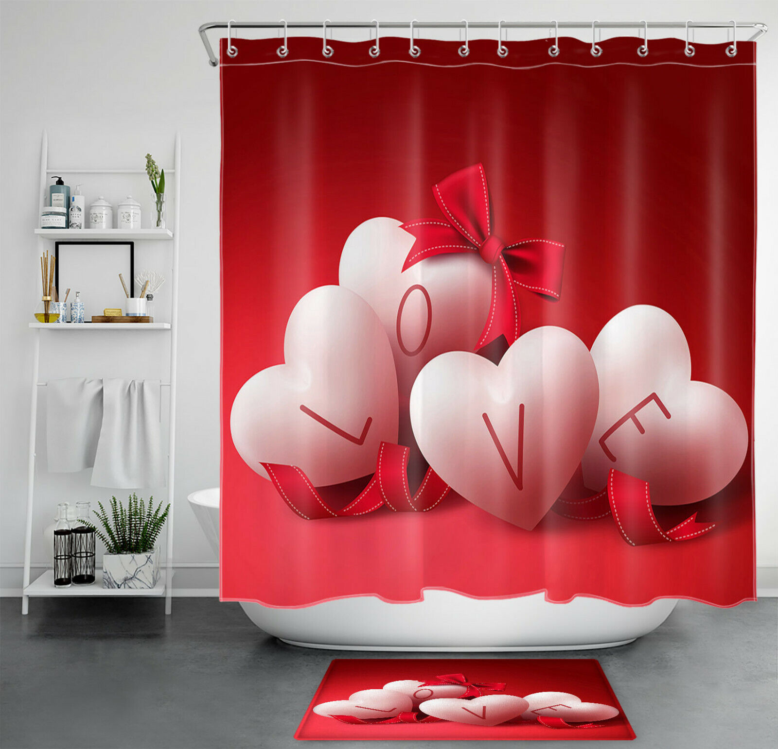 Love Heart Shaped Balloons Shower Curtain for Bathroom Decor on Valentine's Day
