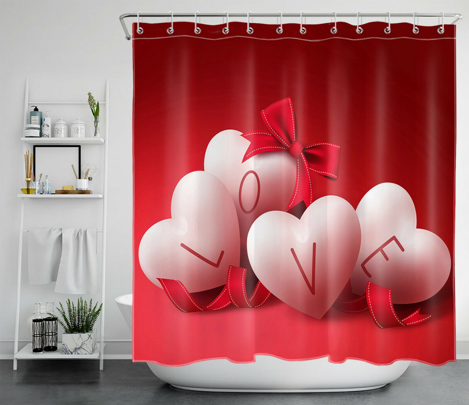 Love Heart Shaped Balloons Shower Curtain for Bathroom Decor on Valentine's Day