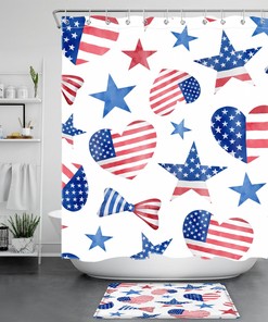 Love Heart US Flag Independence Day Shower Curtain Set for a Romantic Patriotic Bathroom Decor