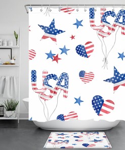 Love Heart USA Balloon Independence Day Shower Curtain with Patriotic Bathroom Decor and American Flag 