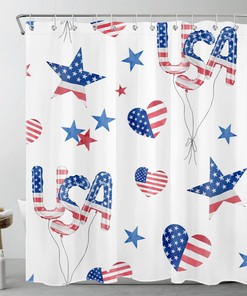 Love Heart USA Balloon Independence Day Shower Curtain with Patriotic Bathroom Decor and American Flag