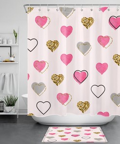 Love Heart Valentines Pink Shower Curtain With Gold And Grey Tones, Perfect For Bathroom Decor