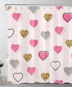 Love Heart Valentines Pink Shower Curtain With Gold And Grey Tones, Perfect For Bathroom Decor