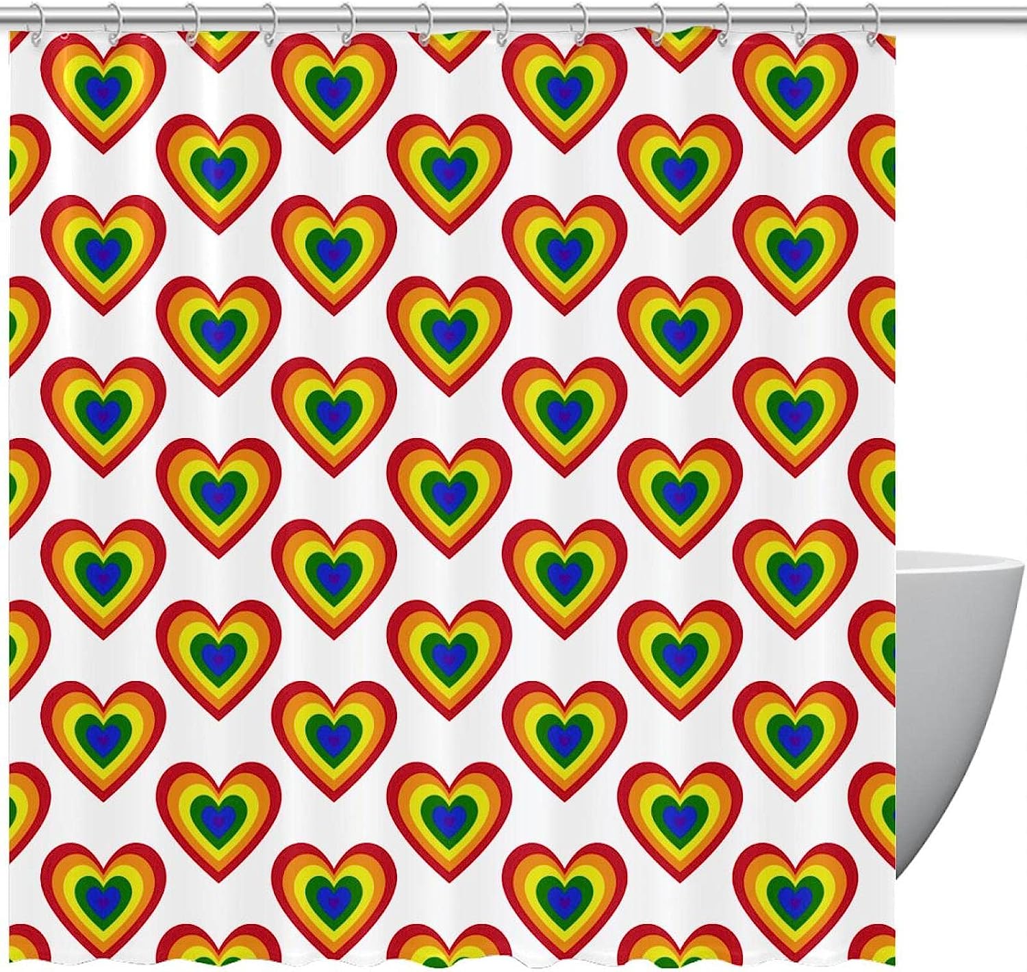 Love Hearts Rainbow Design Fabric Shower Curtain for Bathroom Decor