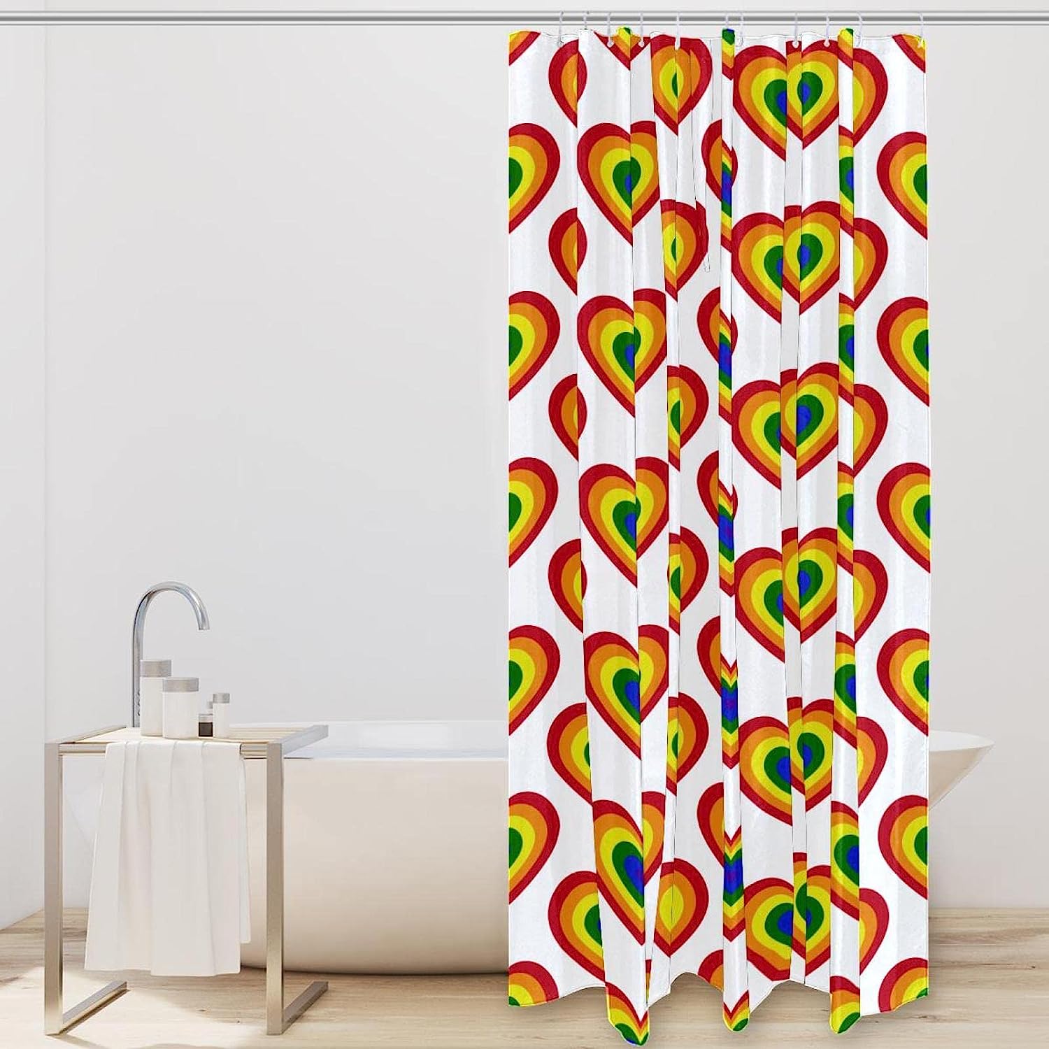 Love Hearts Rainbow Design Fabric Shower Curtain for Bathroom Decor