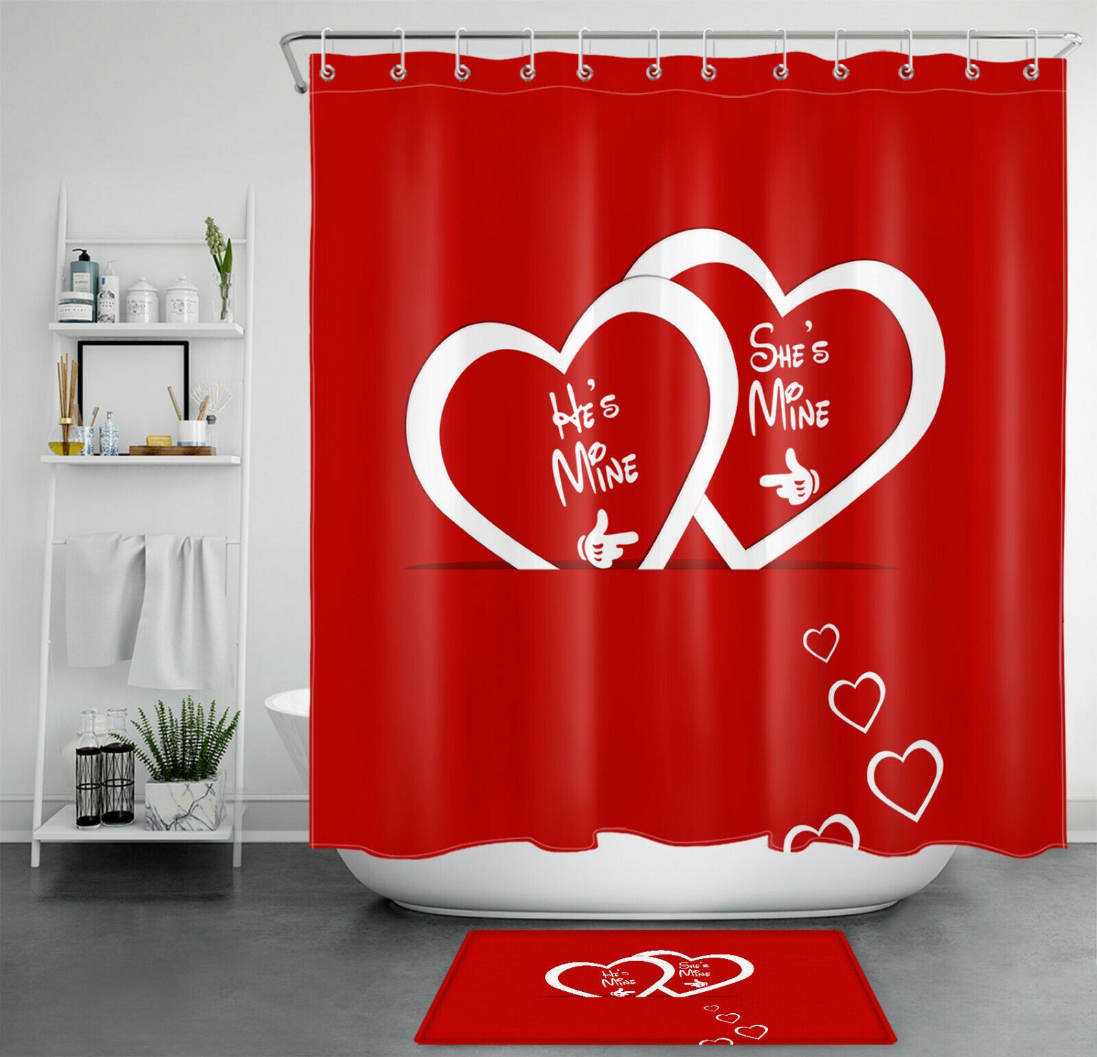 Love Hearts Red Background Shower Curtain Bathroom Accessory on Valentine's Day