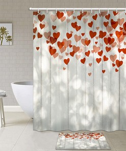 Love Hearts Wooden Board Print Shower CurtainRomantic Bathroom Decor for Women & Couples