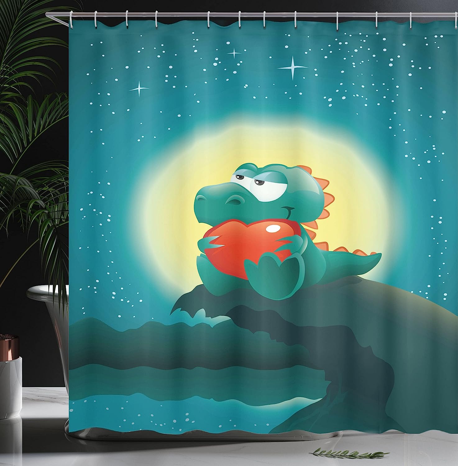 Love In The Jurassic Period Shower Curtain - Cloth Fabric Bathroom Decor In Orange Teal - Image 3