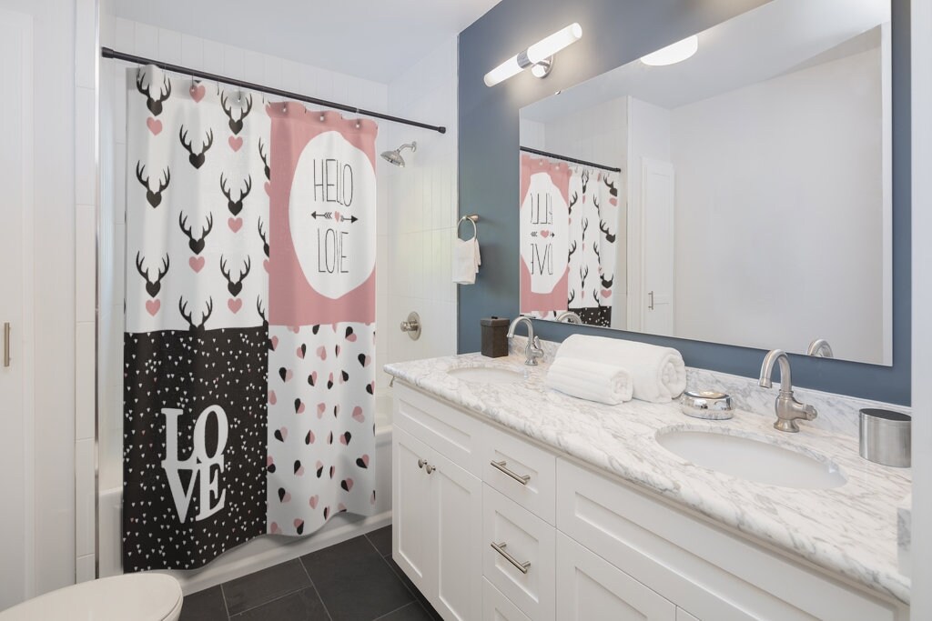 Love Is In The Air Rustic Arrow Pink Black Hearts Shower Curtain For Bathroom Decor