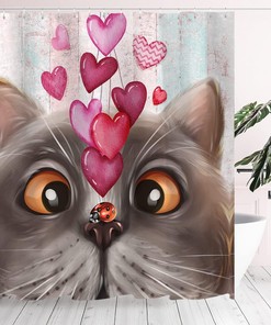 Love Is in the Air with Cute Blue Cat with Pink Love Hearts Shower Curtain