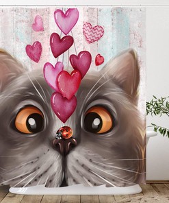 Love Is in the Air with Cute Blue Cat with Pink Love Hearts Shower Curtain