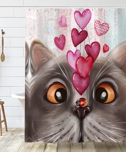 Love Is in the Air with Cute Blue Cat with Pink Love Hearts Shower Curtain