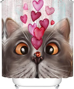 Love Is in the Air with Cute Blue Cat with Pink Love Hearts Shower Curtain
