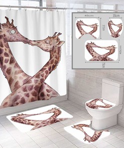 Love Kiss Cartoon Giraffe Shower Curtain Set with Waterproof and Cute Design