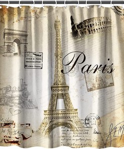 Love Paris Fabric Bath Curtain with Eiffel Tower Design, Perfect for Couple's Bathroom Decor 