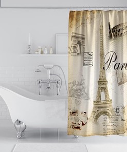 Love Paris Fabric Bath Curtain with Eiffel Tower Design, Perfect for Couple's Bathroom Decor