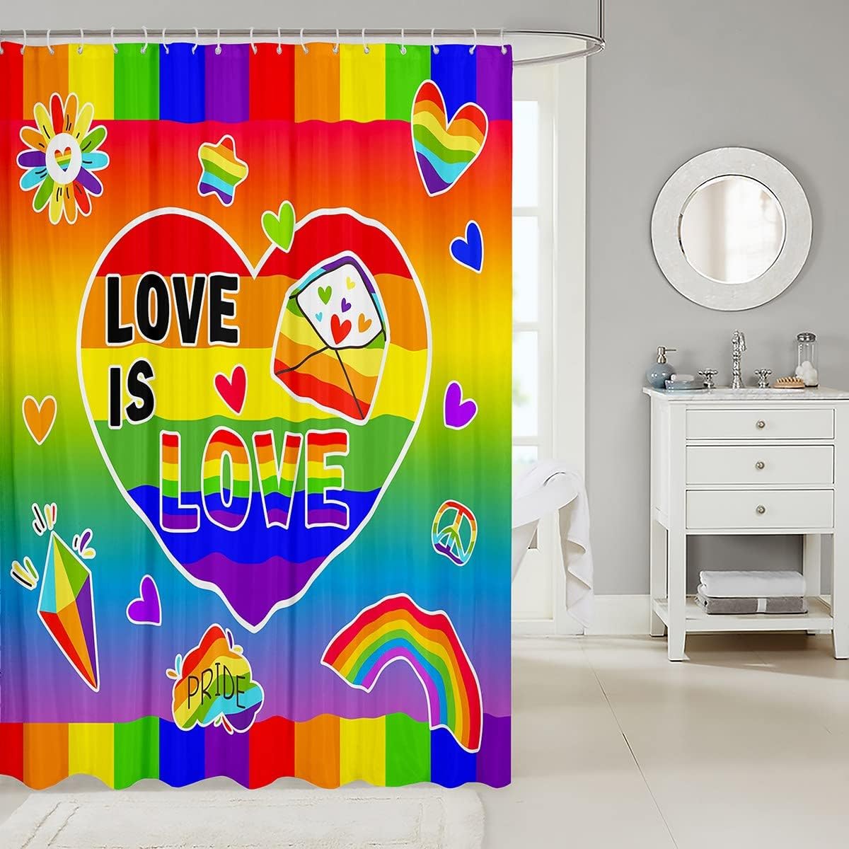 Love Rainbow Shower Curtain for Kids and Adults, Gradient Watercolor Graffiti Design