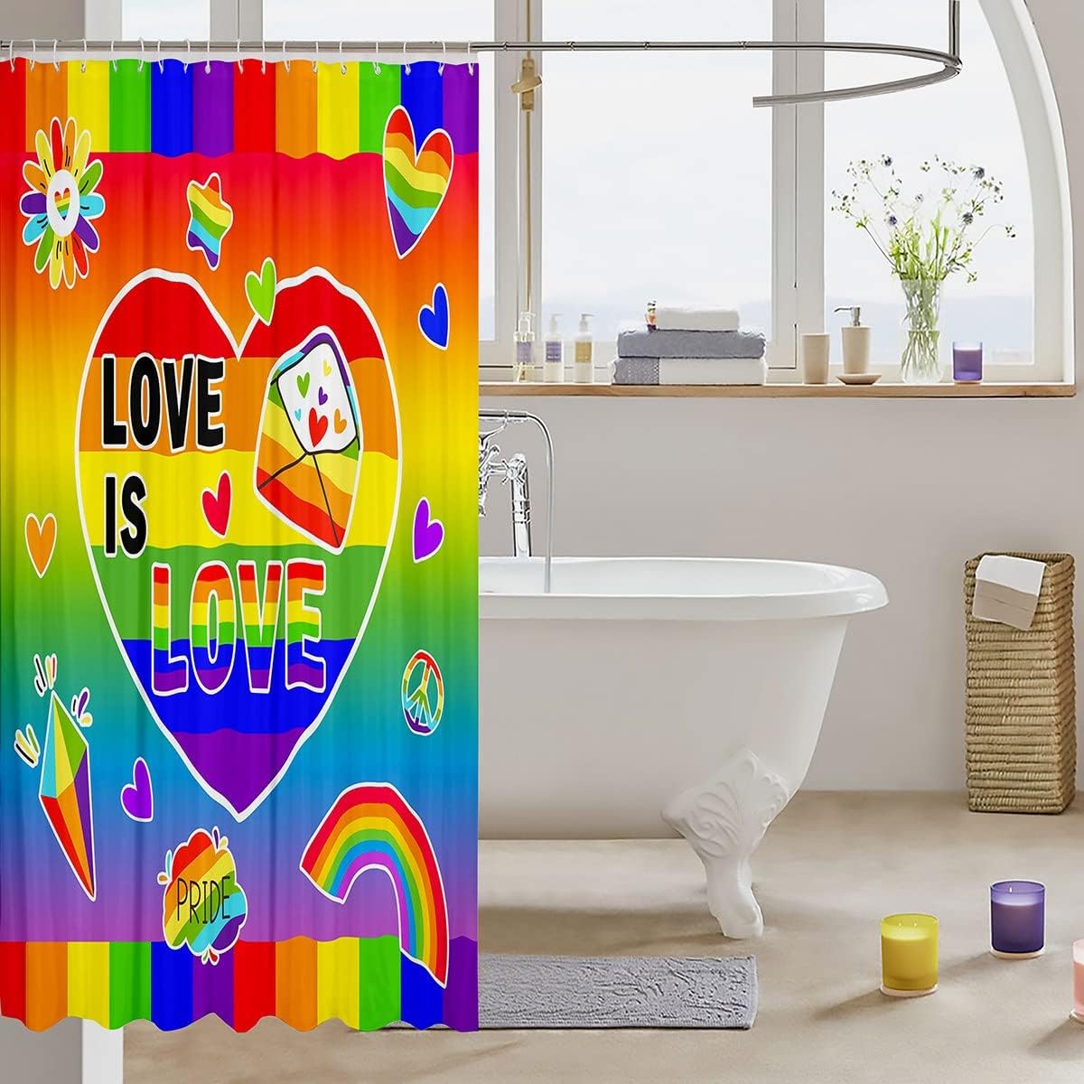 Love Rainbow Shower Curtain for Kids and Adults, Gradient Watercolor Graffiti Design