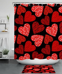 Love Red Hearts Black Shower Curtain Bathroom Accessory on Valentine's Day