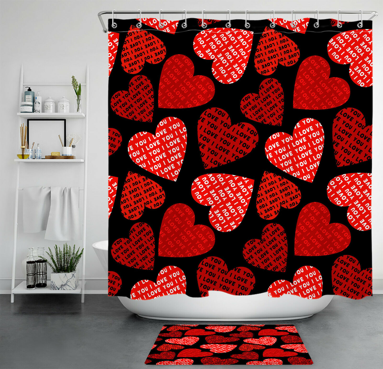Love Red Hearts Black Shower Curtain Bathroom Accessory on Valentine's Day