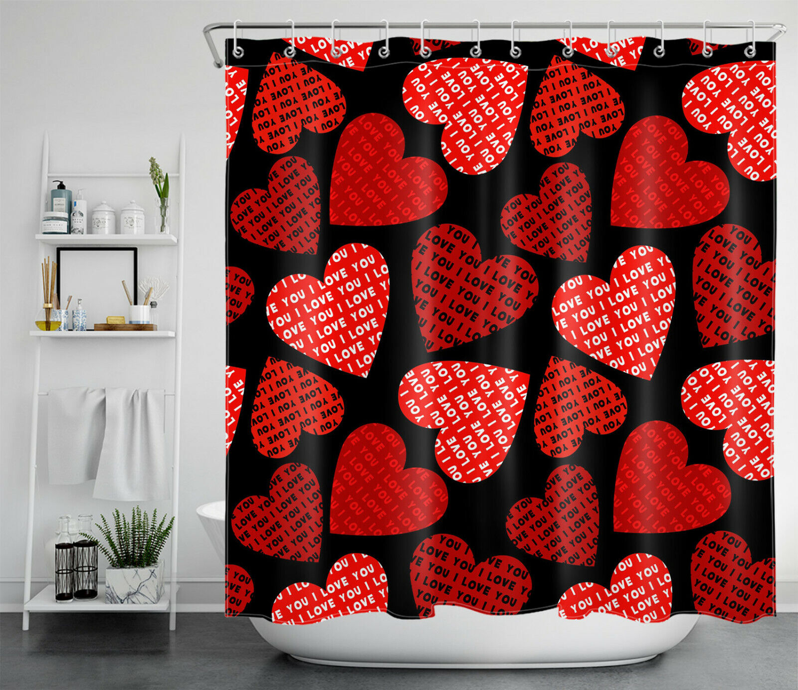 Love Red Hearts Black Shower Curtain Bathroom Accessory on Valentine's Day