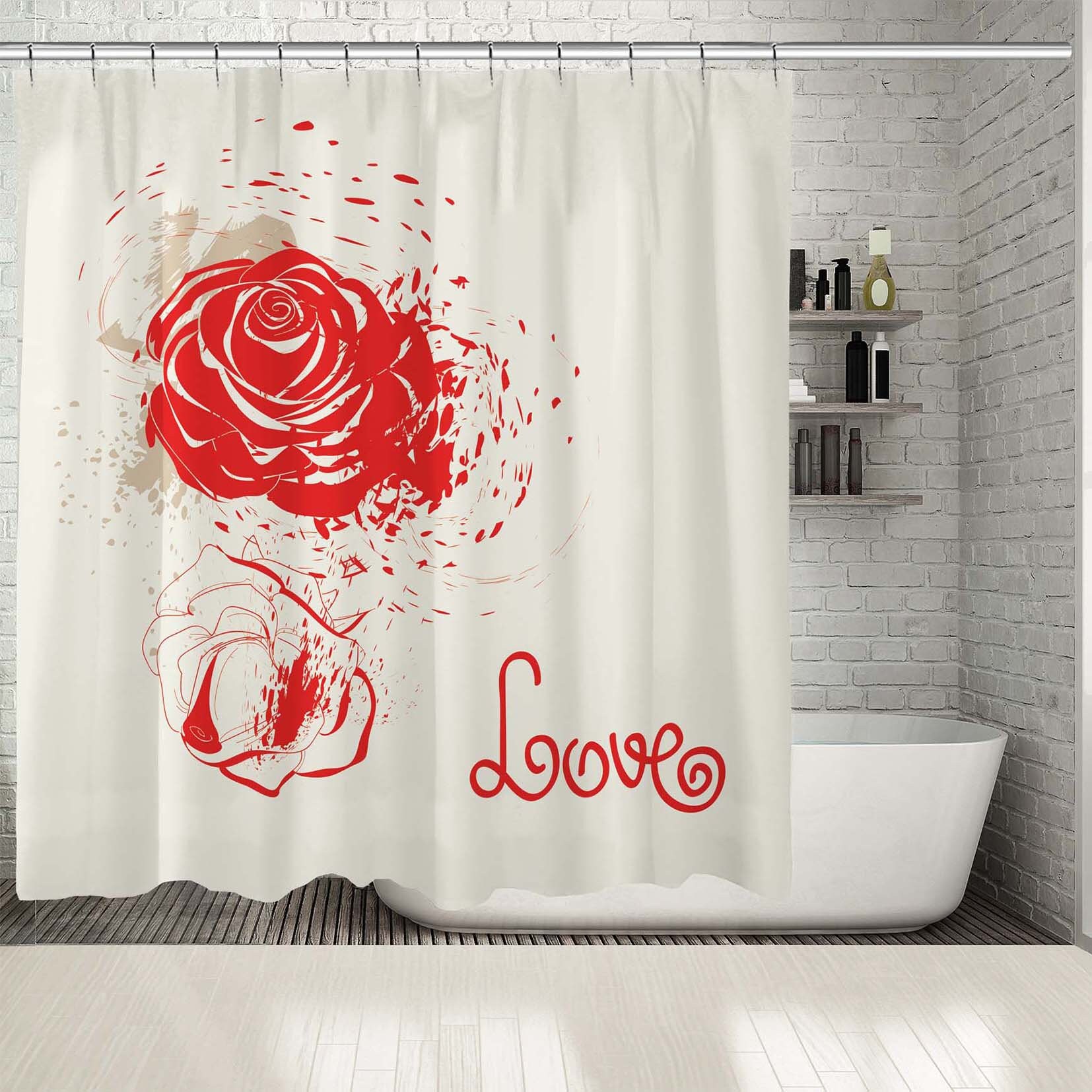 Love Red Roses Flourish Ornamental Flower Print Shower Curtain - Waterproof Drapes For Bathtub