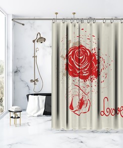 Love Red Roses Flourish Ornamental Flower Print Shower Curtain - Waterproof Drapes For Bathtub