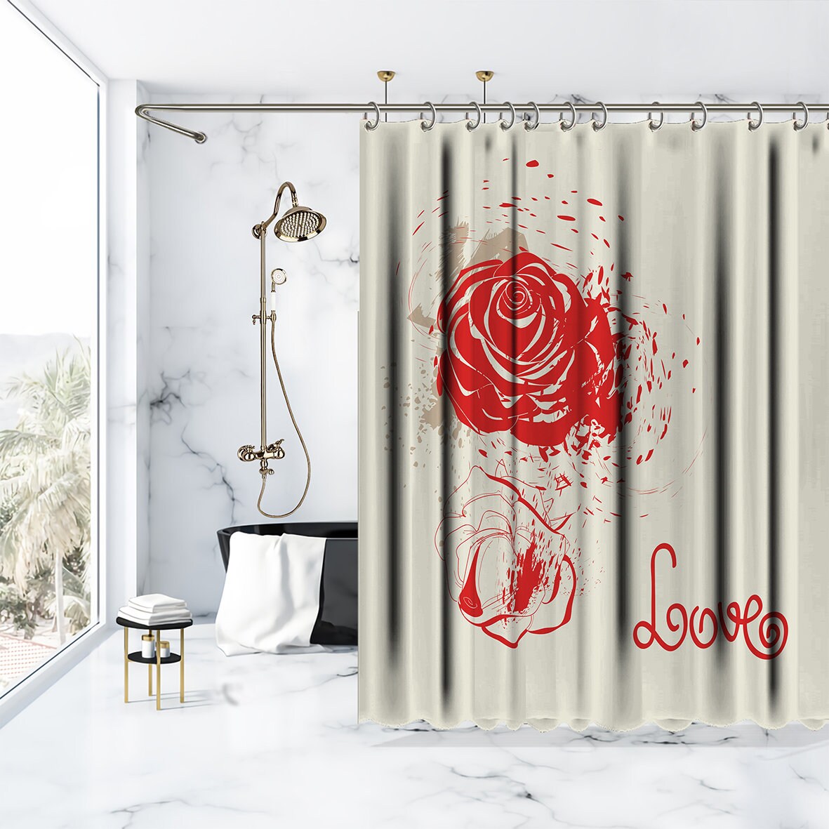Love Red Roses Flourish Ornamental Flower Print Shower Curtain - Waterproof Drapes For Bathtub