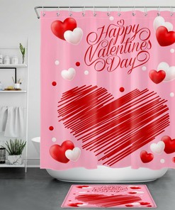 Love Red White Heart Happy Valentine'S Day Shower Curtain For Romantic Bathroom Decor