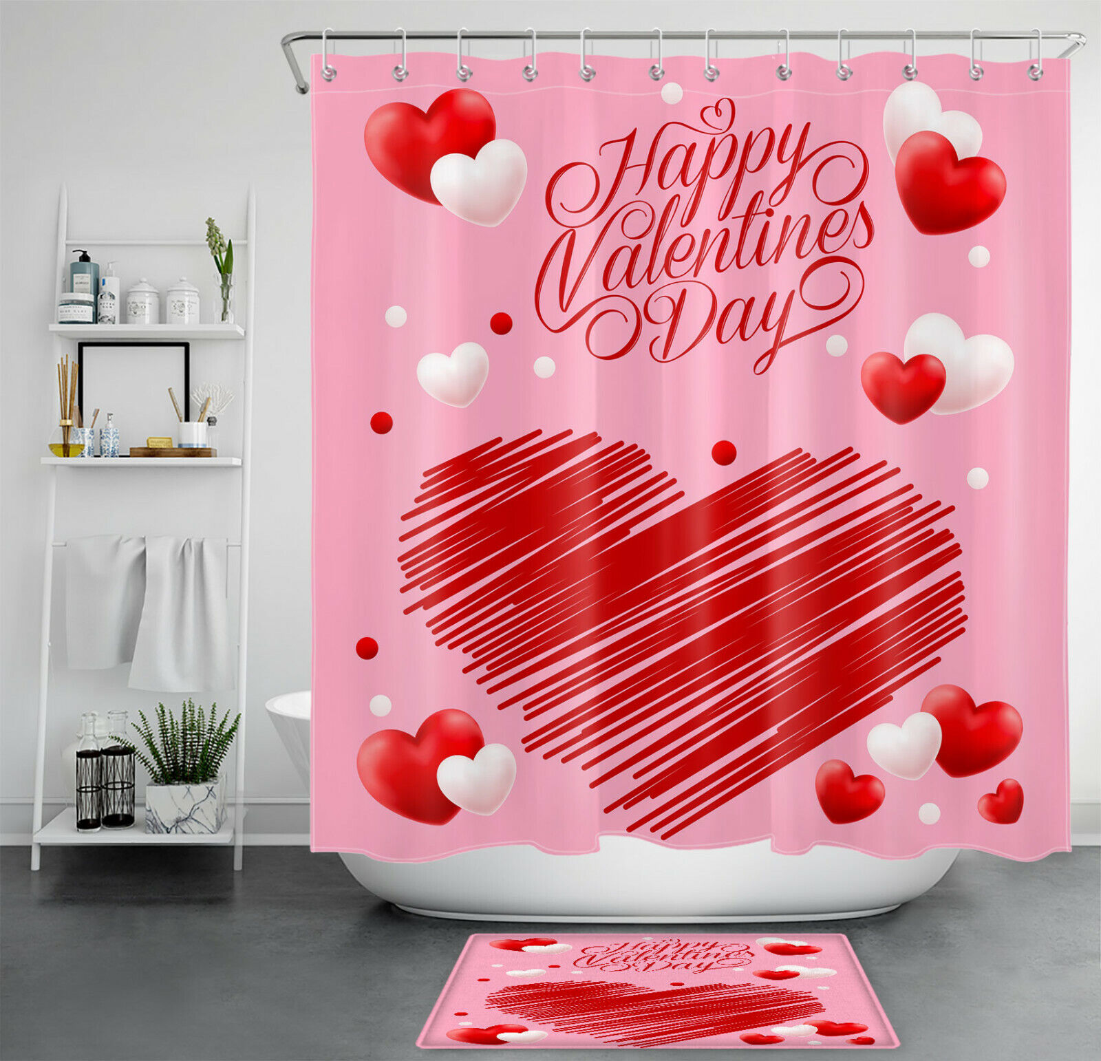 Love Red White Heart Happy Valentine'S Day Shower Curtain For Romantic Bathroom Decor