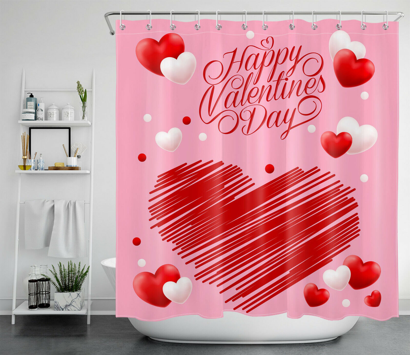 Love Red White Heart Happy Valentine'S Day Shower Curtain For Romantic Bathroom Decor - Image 2