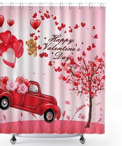 Love Themed Red Car Heart Balloon Tree Couple Valentine's Day Shower Curtain