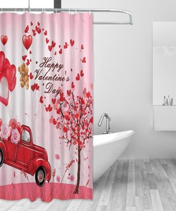Love Themed Red Car Heart Balloon Tree Couple Valentine's Day Shower Curtain