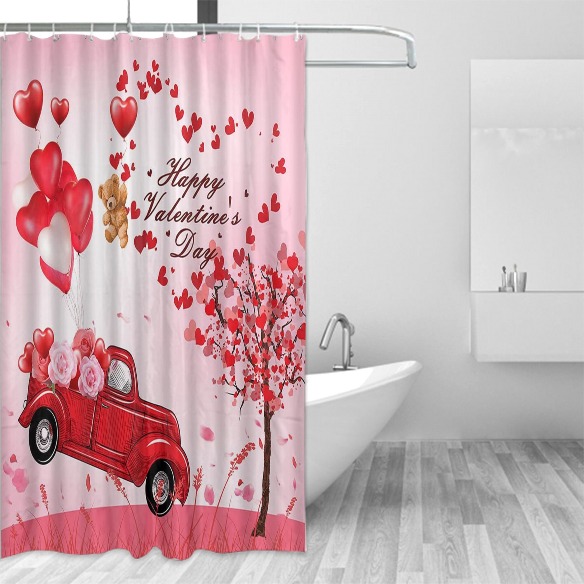 Love Themed Red Car Heart Balloon Tree Couple Valentine's Day Shower Curtain