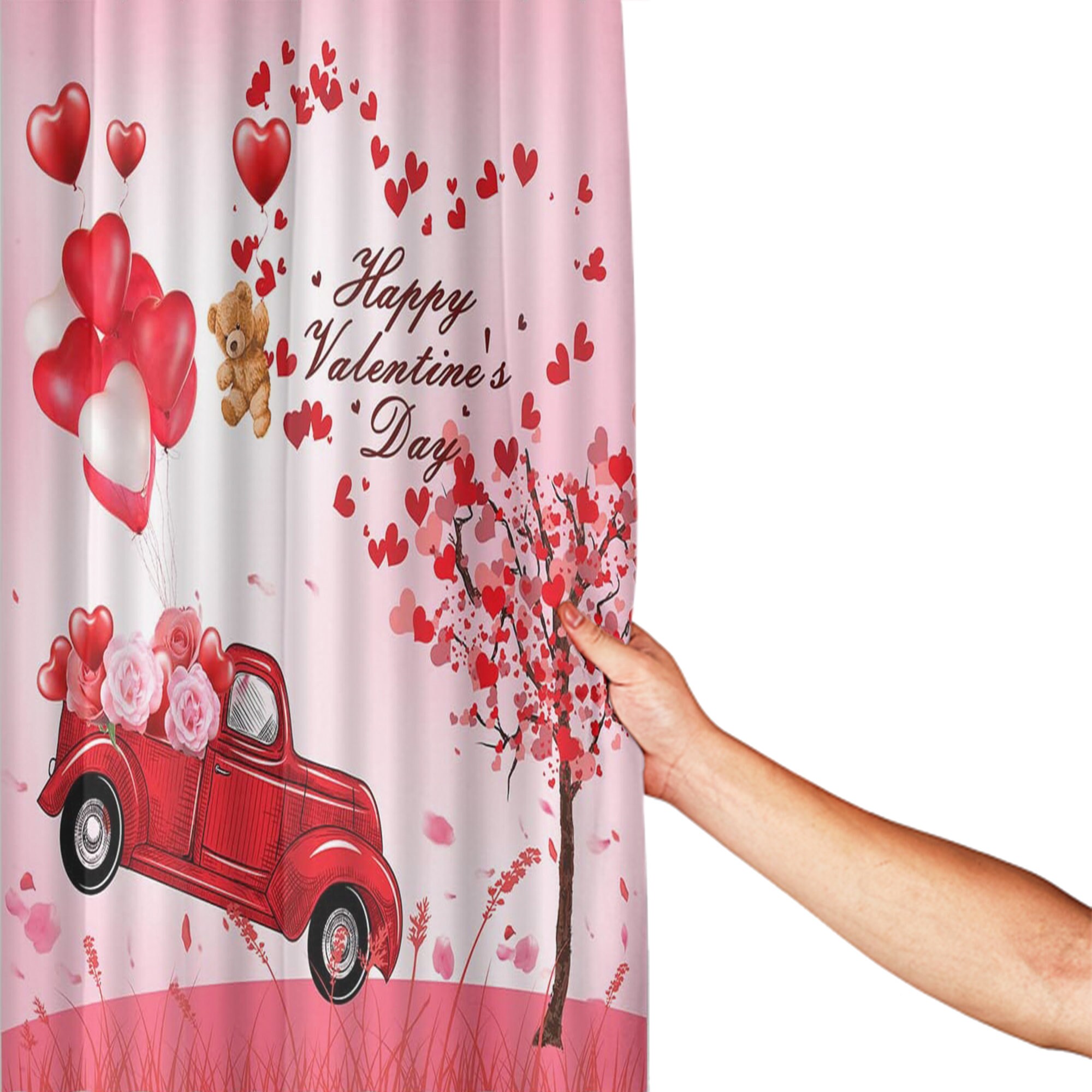Love Themed Red Car Heart Balloon Tree Couple Valentine's Day Shower Curtain
