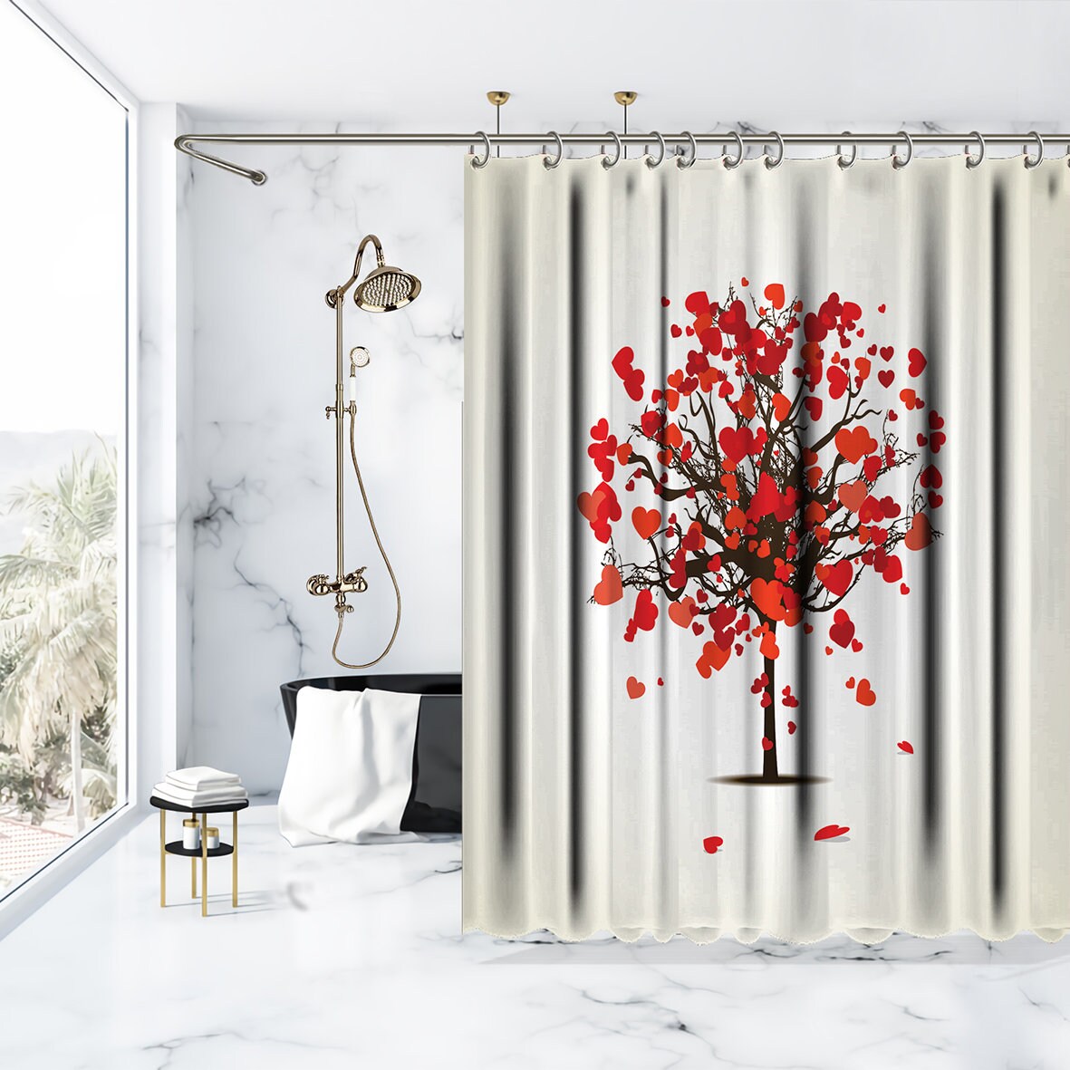 Love Tree Heart Shaped Shower Curtain with Printed Leaf Design for Bathroom
