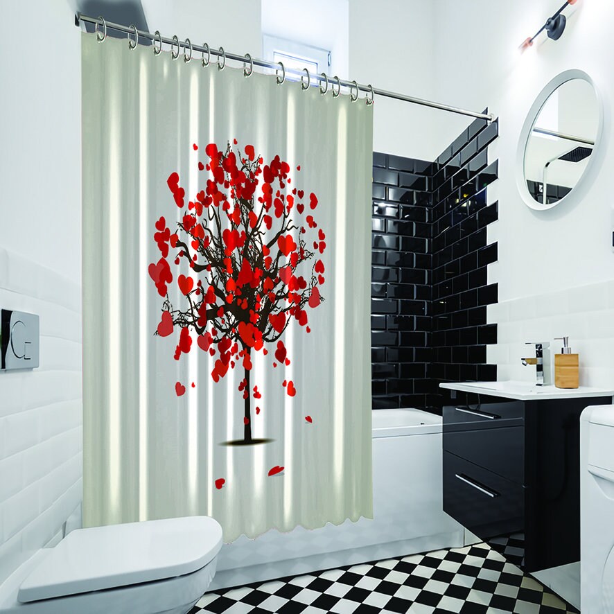 Love Tree Heart Shaped Shower Curtain with Printed Leaf Design for Bathroom