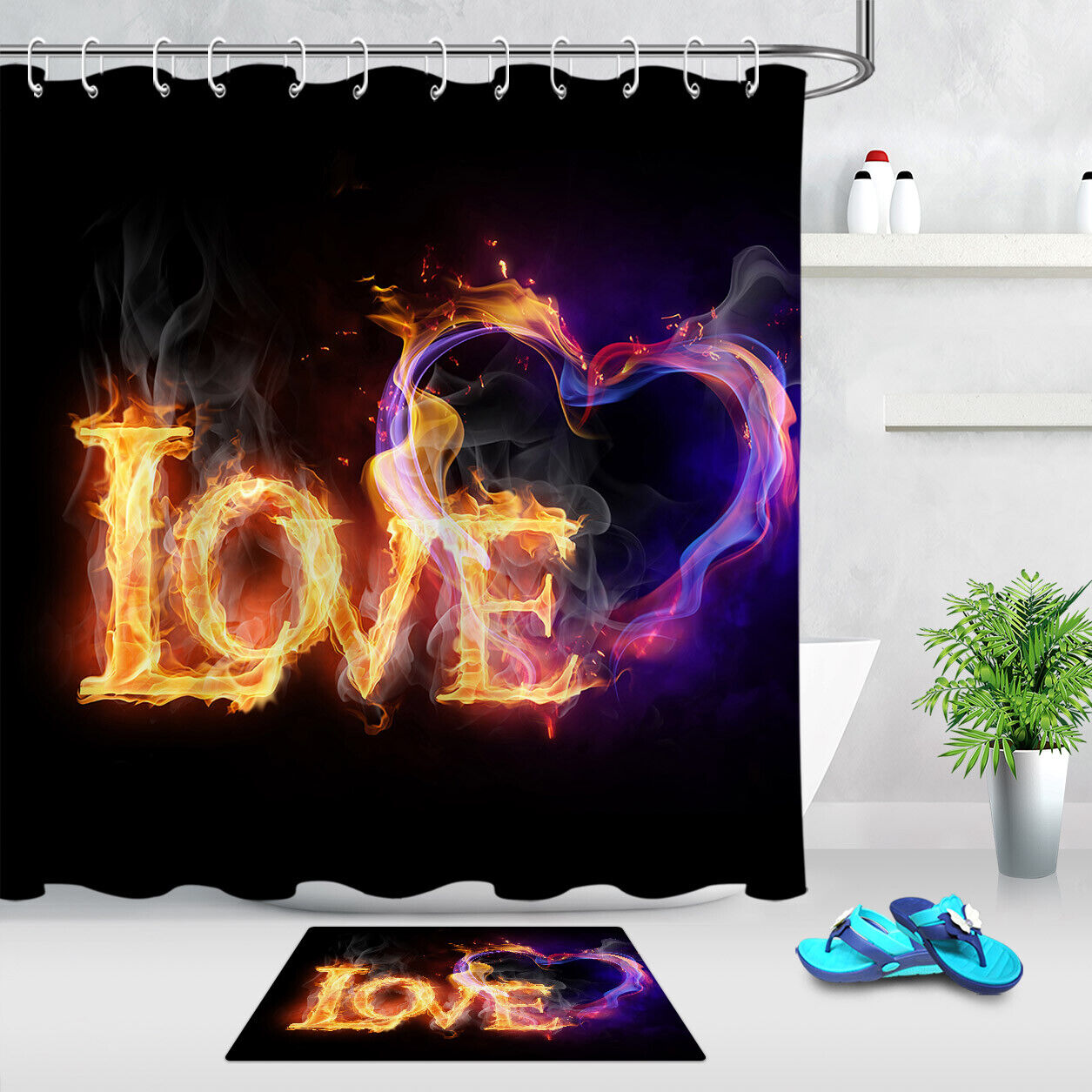 Love Words Heart Shape Fire Flame Valentine's Day Shower Curtain for Bathroom Decor