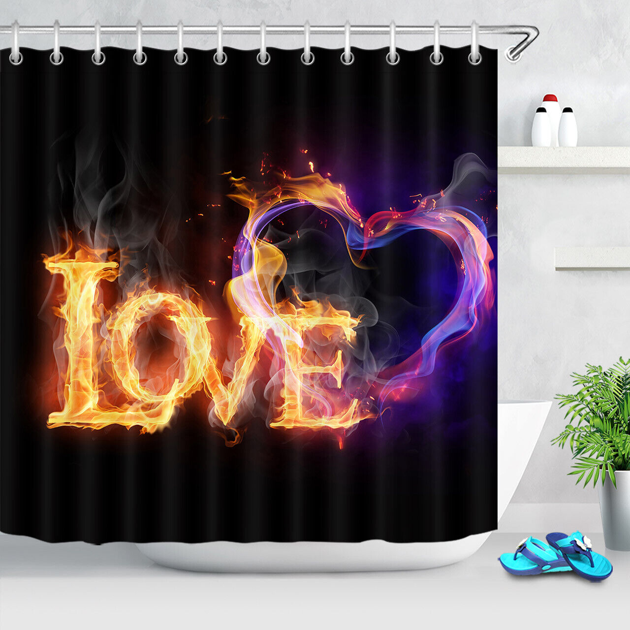 Love Words Heart Shape Fire Flame Valentine's Day Shower Curtain for Bathroom Decor