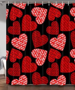Love You Red And Black Hearts Letter Fabric Waterproof Shower Curtain To Show Your Love In Your Bathroom Decor