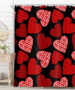 Love You Red And Black Hearts Letter Fabric Waterproof Shower Curtain To Show Your Love In Your Bathroom Decor