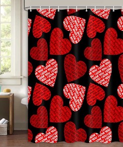 Love You Red And Black Hearts Letter Fabric Waterproof Shower Curtain To Show Your Love In Your Bathroom Decor